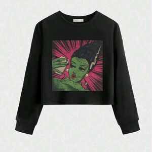 Romwe Sweatshirt Bride Of Frankenstein Selfie Crop Pop Art Black Womens Large